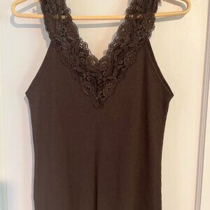Dark Brown Medium Ribbed Top with Lacy Collar
